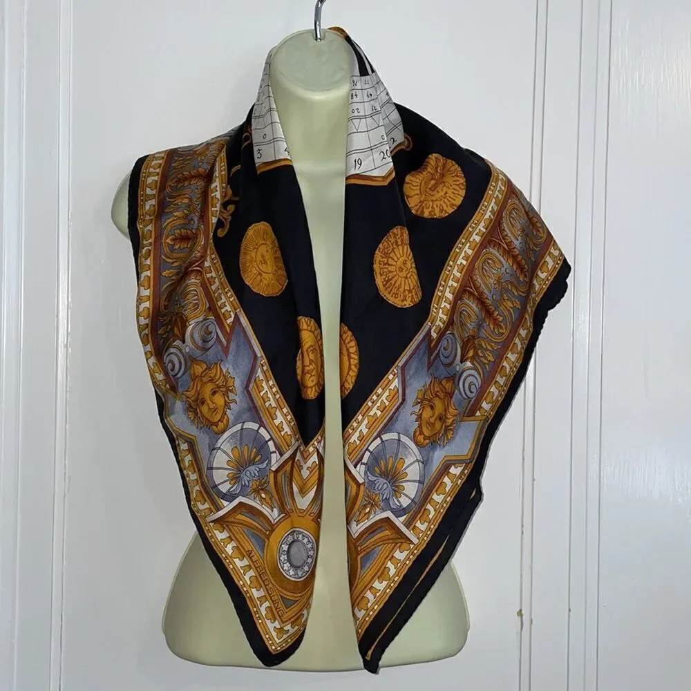 Vtg Alfred Sung black, gold, gray & white silk sun‎ astrology large square scarf